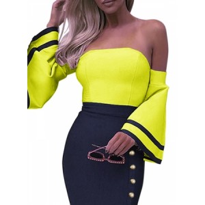 Yellow Flare Sleeve Button Bodycon Cocktail Party Dress Sky blue